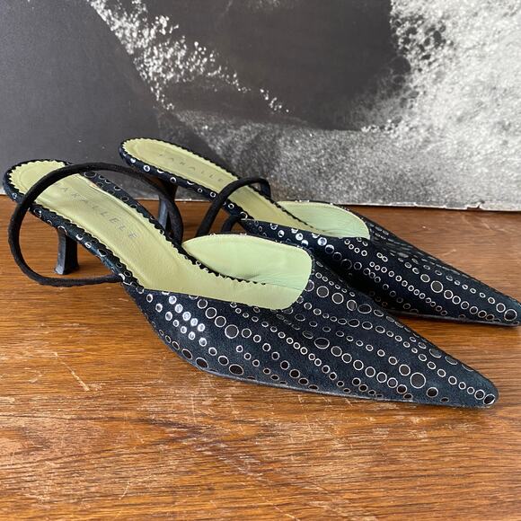 Parallele 6.5 Pointed Toe Silver Polka Dot Graphic Kitten Heels Slingback France - Picture 1 of 8